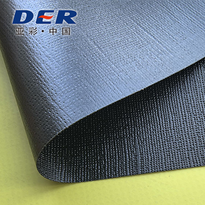 Grey and black DERFLEX reinforced PVC fabric showing the coated face and woven textile texture