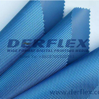 Close view of blue woven-texture PVC coated fabric samples