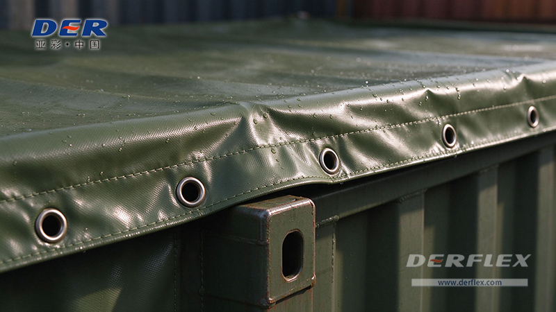 PVC container tarp perimeter with a reinforced edge and a row of metal eyelets above the container rail
