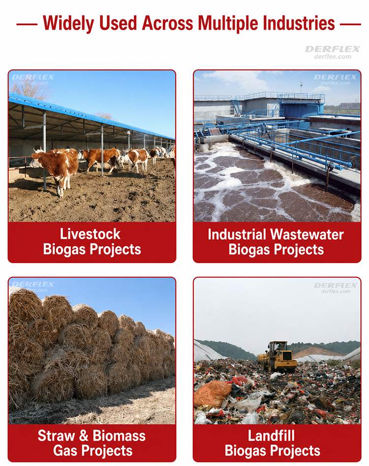 DERFLEX biogas membrane material applications for livestock wastewater industrial wastewater biomass and landfill biogas projects