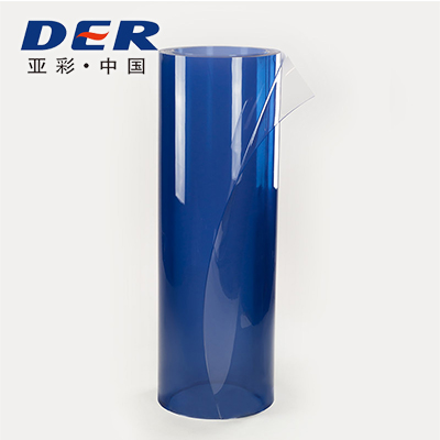 Upright blue-tinted PVC film roll with a transparent loose edge