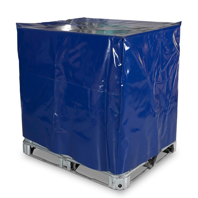 Blue fitted cover over a rectangular pallet-mounted load, showing a formed vertical corner and straight side panels