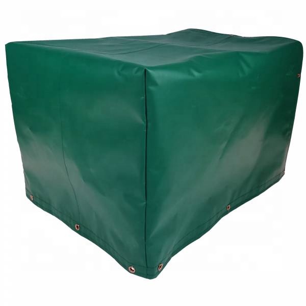 Green rectangular fitted cover with joined vertical corners and metal eyelets along its lower edge