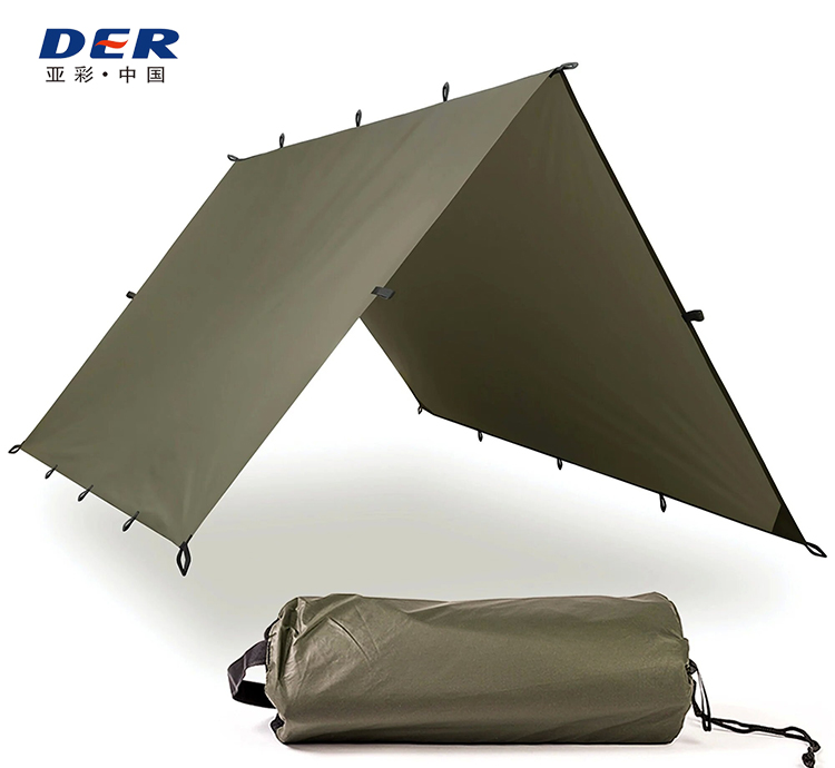 Olive green camping shelter tarp displayed in an A-frame shape with attachment loops and a carry bag