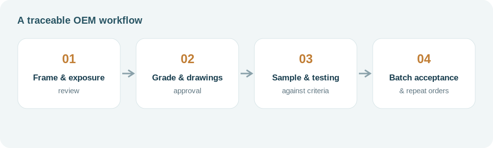 Four-stage OEM supply workflow: review frame and exposure, approve grade and drawing, validate samples and testing, inspect batches and reorder