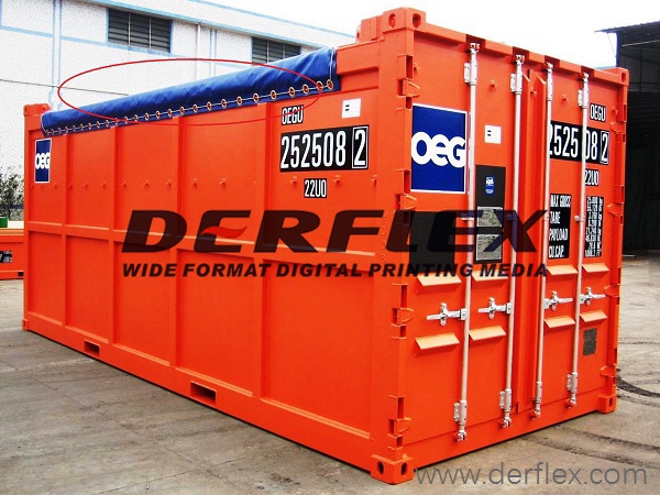 Blue tarp secured along the upper edge of an orange open-top shipping container