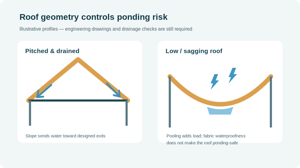 Side-by-side technical illustration comparing a pitched canopy draining rainwater with a sagging canopy where water can accumulate
