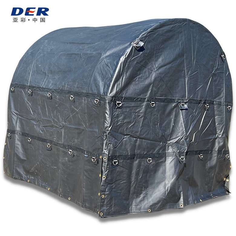 Shaped dark cargo cover with D-ring rows, webbing and a front closure