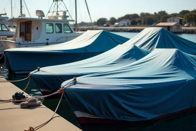 Blue protective covers over boats beside a dock