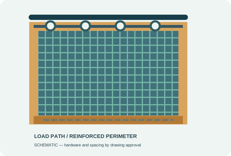 Schematic of reinforced industrial mesh curtain perimeter, top suspension points and lower hem