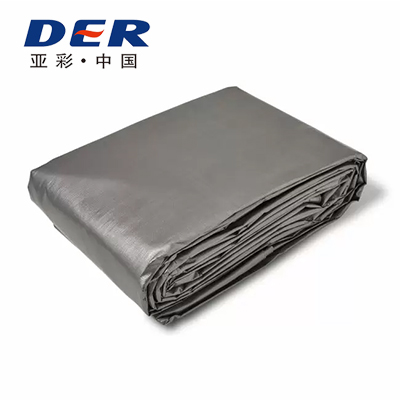 Grey folded poly tarp bearing the DER logo in the DERFLEX super-duty poly tarp catalog