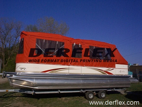 Red pontoon enclosure with transparent window panels