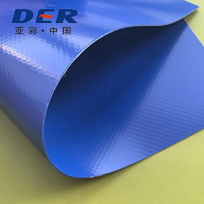 Curved blue PVC coated fabric sample showing both surfaces