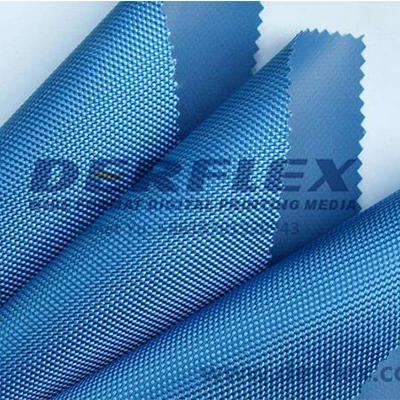 Blue PVC coated fabric swatches showing the woven surface texture