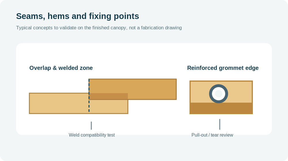 Technical detail schematic of welded PVC fabric overlap and a reinforced canopy hem with a metal grommet