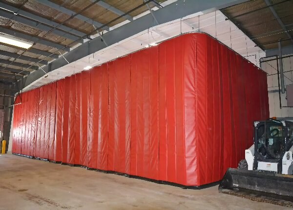 Red flexible industrial curtain enclosure suspended inside a warehouse
