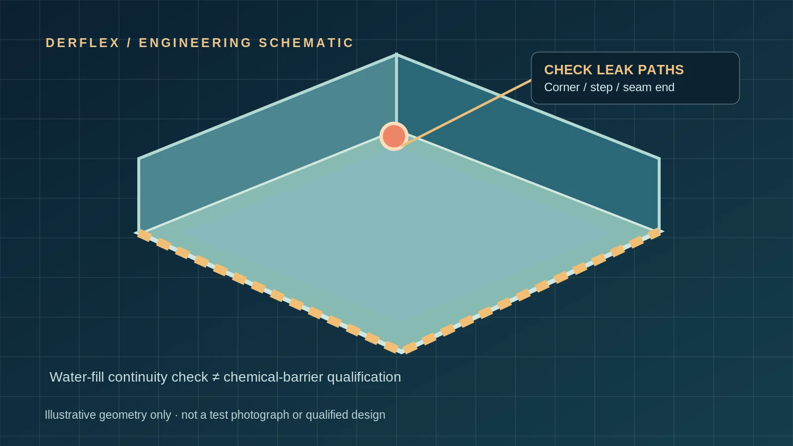 Containment tray schematic identifying the corner weld and floor-to-wall seal requiring leak checks