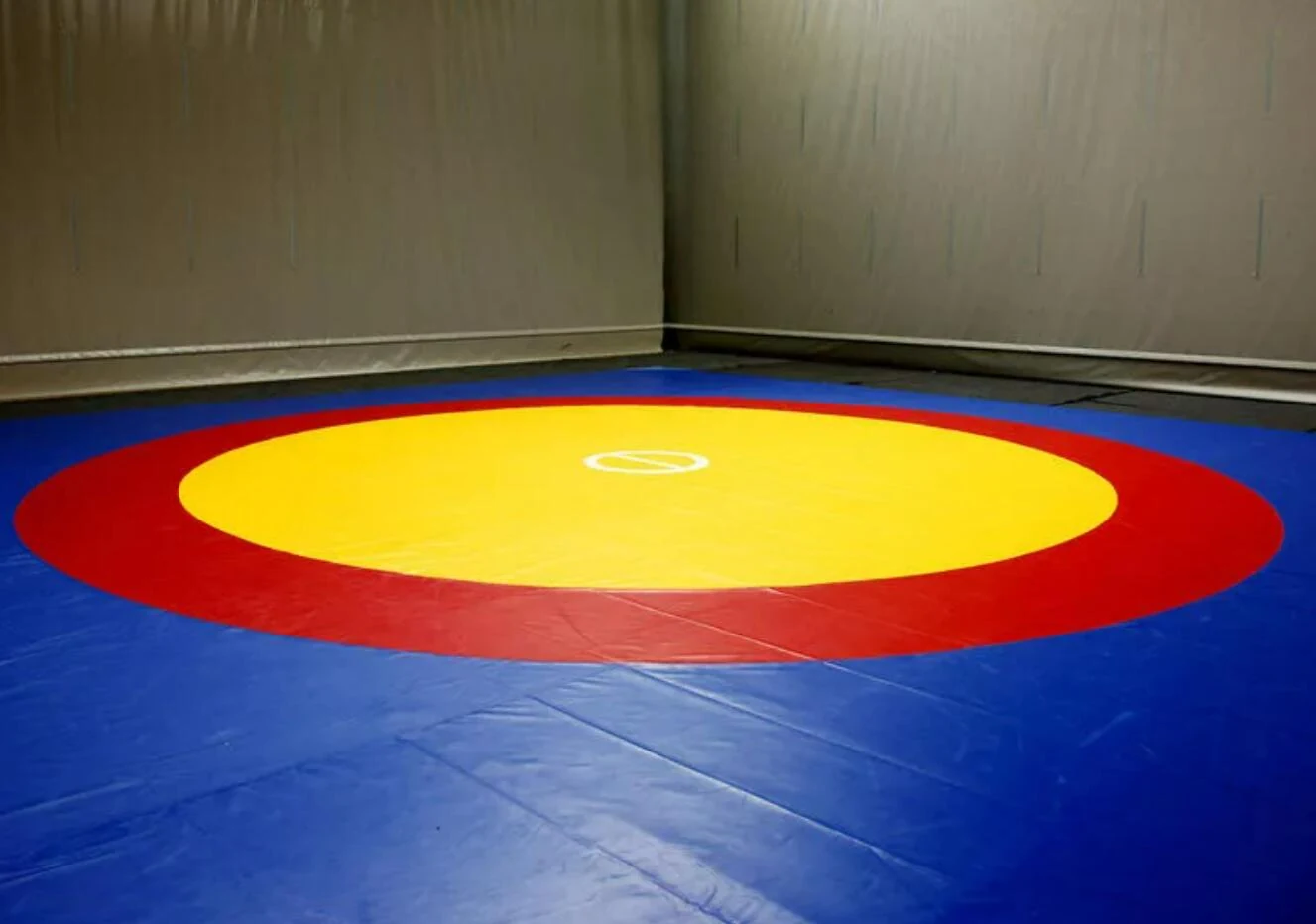 Blue vinyl wrestling mat surface with red and yellow circular markings in an indoor training room